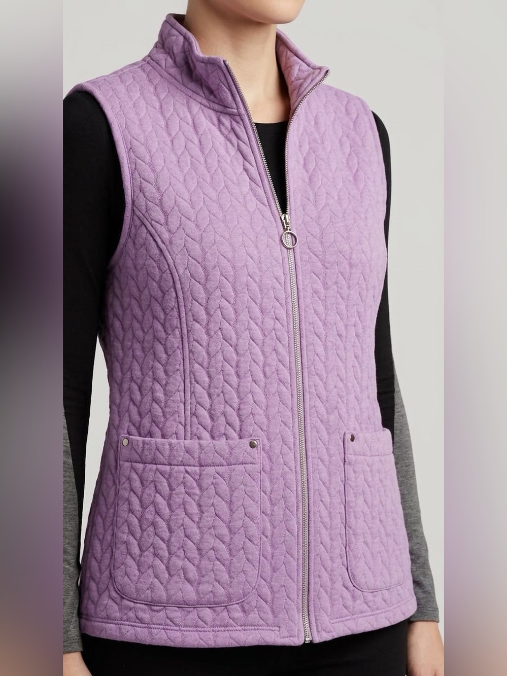 NWT Allison Daley Petites Quilted Cable Knit Vest Lavender Purple Full Zip PS